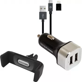 Cargador de coche RealPower 168182 Smartphone Negro Plata