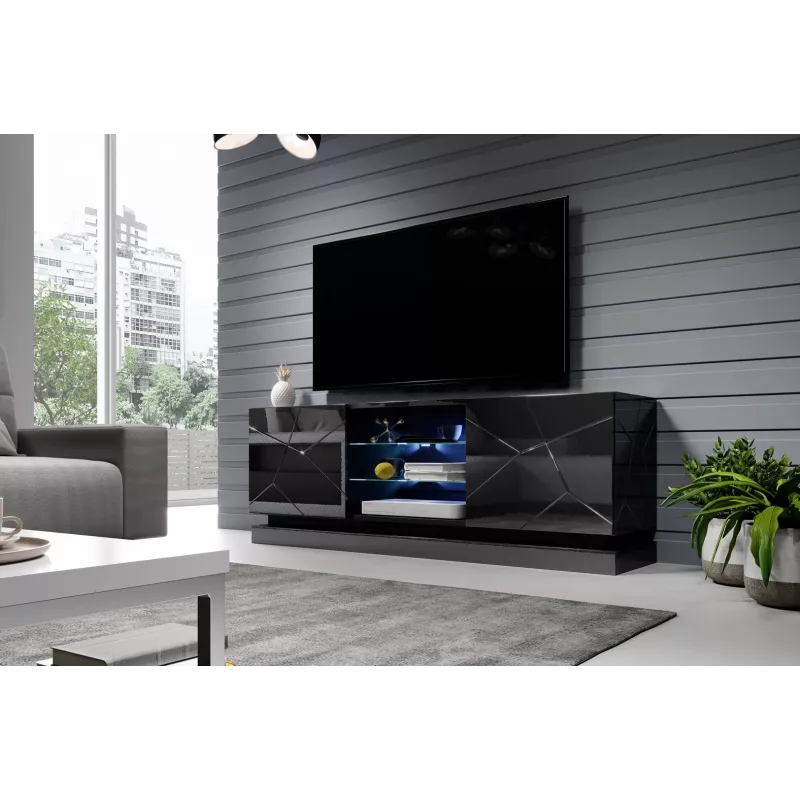 Cama Meble QIU 160 mueble de TV, MDF, negro brillo