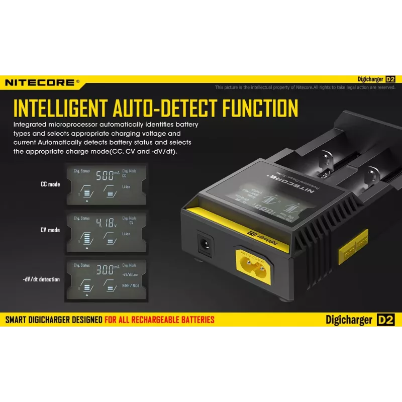 Cargador de baterías Nitecore D2 — cargador de 2 compartimentos para pilas AA/AAA/AAAA/C, tensión de entrada 100–240V, tensión de salida 4,2V, negro