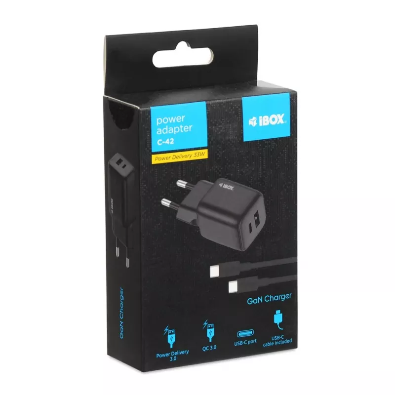 Fuente de alimentación externa IBOX ILUC42B 12 V 2 A, 33 W, USB-A + USB-C PD3.0, QuickCharge 3.0, universal