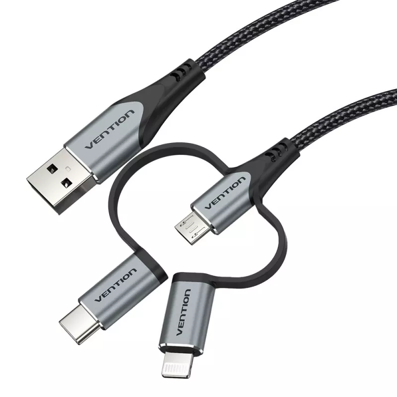 Cable Vention USB 2.0 conector macho A a conector macho 3 en 1 Micro-B&USB-C&Lightning 1M Gris Aleación de aluminio