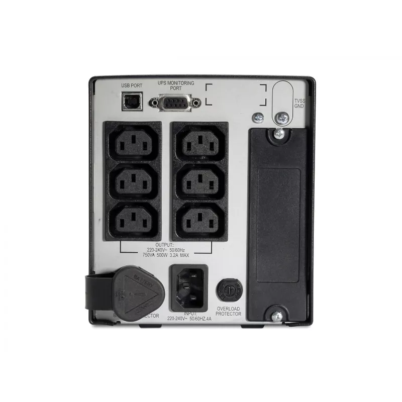 SAI APC Smart UPS 750VA 230V USB con certificación UL, 0,75 kVA, 500 W, 50/60 Hz, 340 J, IEC 60320, 4,8 min