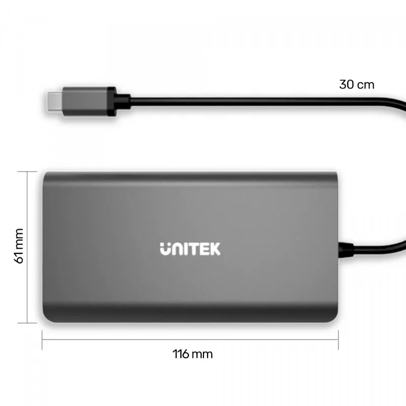 Hub USB Unitek uHUB O8+ con cable USB 3.2 Gen 1 Type-C, gris, 100W Power Delivery