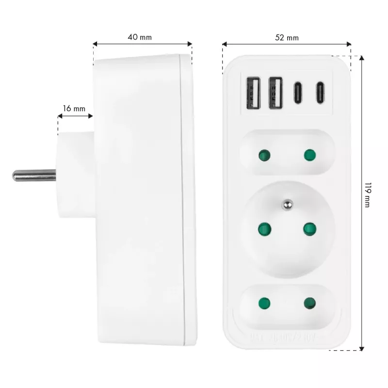Regleta de enchufes MACLEAN MCE248 F/W — 3 tomas AC (1×16A, 2×6A) + 4×USB (2×A, 2×C PD 20W), conector EU, blanco