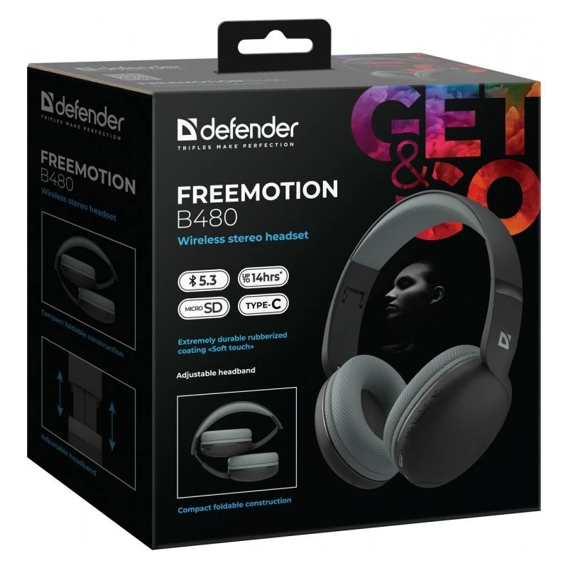 Defender FreeMotion B480 63480 auriculares inalámbricos supraaurales, Bluetooth 5.3, USB-C, AUX, microSD, hasta 14 h, 20-20000 Hz, negros