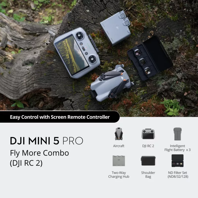 DJI MINI 5 PRO Fly More Combo (RC2) dron ligero de 249g con sensor de 50MP, lidar, 3 baterías, mando con pantalla