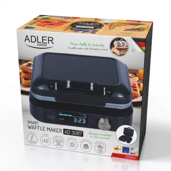 Gofrera Adler AD 3087 — gofrera eléctrica belga, 2200 W, 2 placas rectangulares 9×17 cm, negra