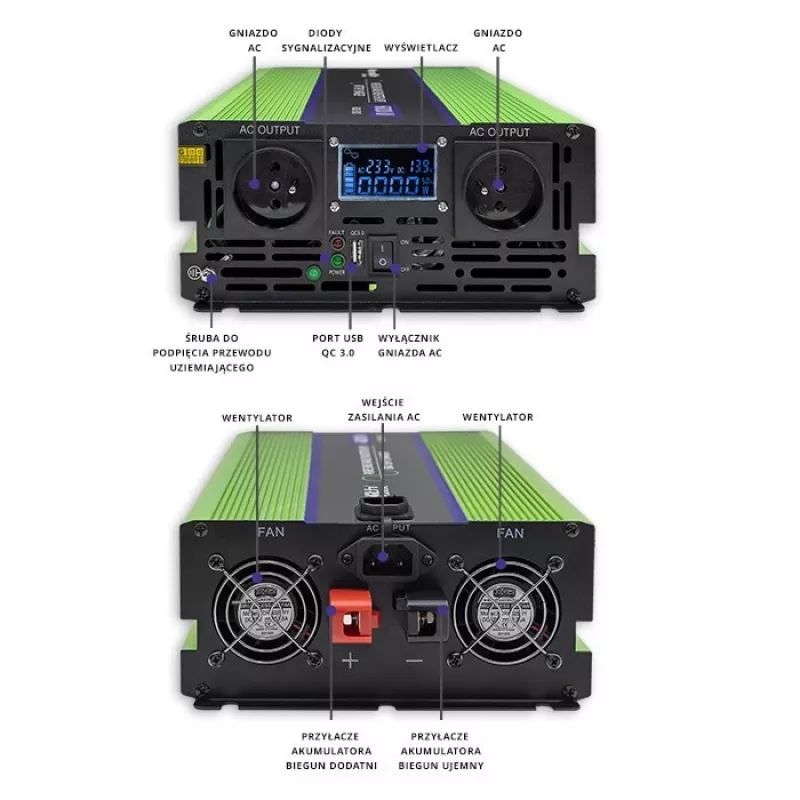Qoltec Monolith Convertidor de tensión | Carga de batería | SAI | 2000W | 4000W | 12V a 230V | Onda senoidal pura | LCD negro-verde