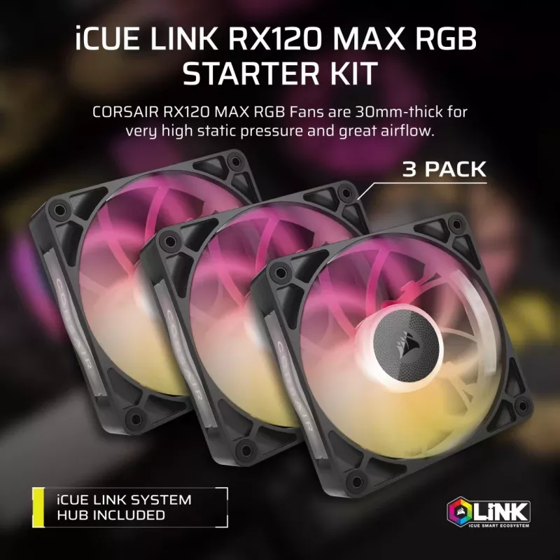 Ventilador de caja Corsair iCUE LINK RX120 MAX ARGB 120mm pack de 3 negro
