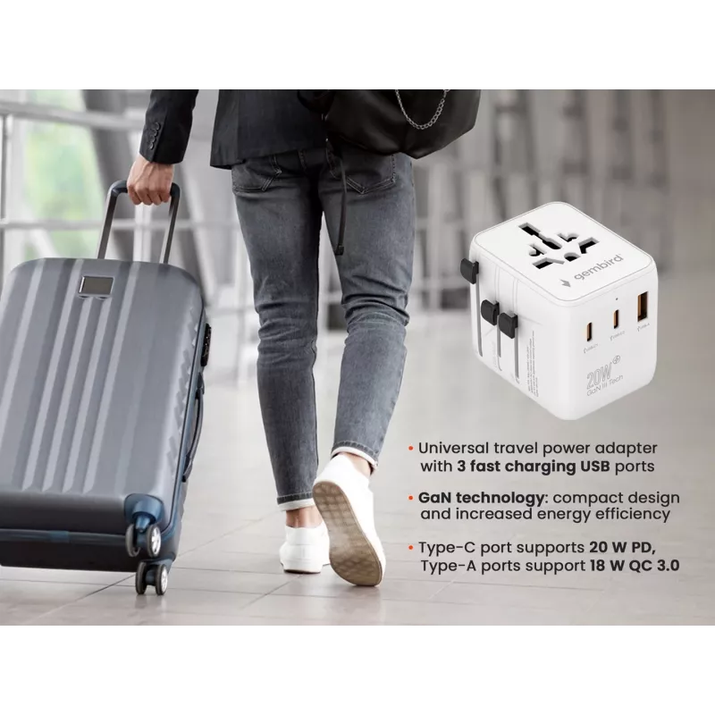 Fuente de alimentación de viaje GEMBIRD TPA-1A2C20-01-W — 20 W, USB-A (18 W) + 2× USB-C (20 W), enchufe tipo E, blanco