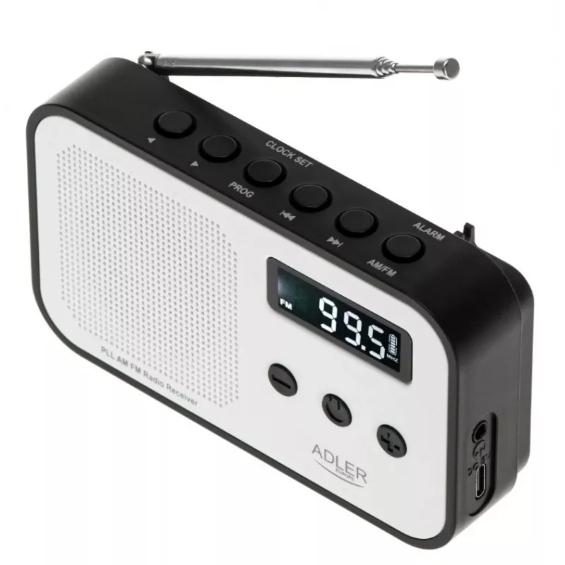 Adler AD 1907 radio digital PLL, AM/FM, 40 presintonías, alarma con repetición, USB-C, batería recargable integrada, conector de 3,5 mm, blanco/negro