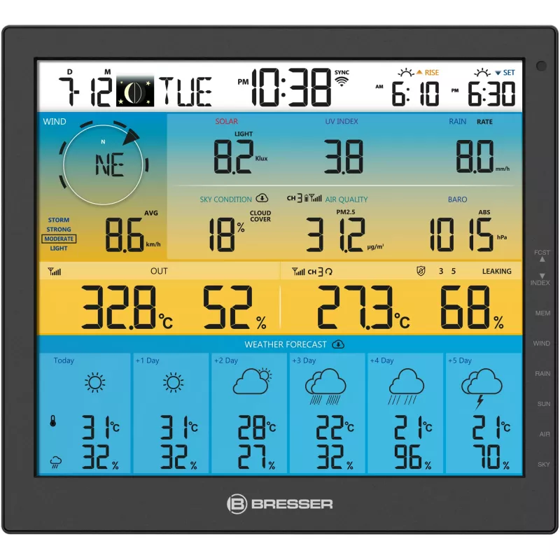 Bresser 7003220 Weather Center 7-in-1 Solar 6-Day 4cast Pro SF estación meteorológica digital, LCD, negra