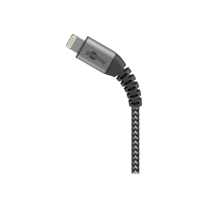 Goobay 49269 cable USB-A a Lightning, 2 m, funda textil, conectores metálicos, certificado MFi, USB 2.0, gris espacial/plateado