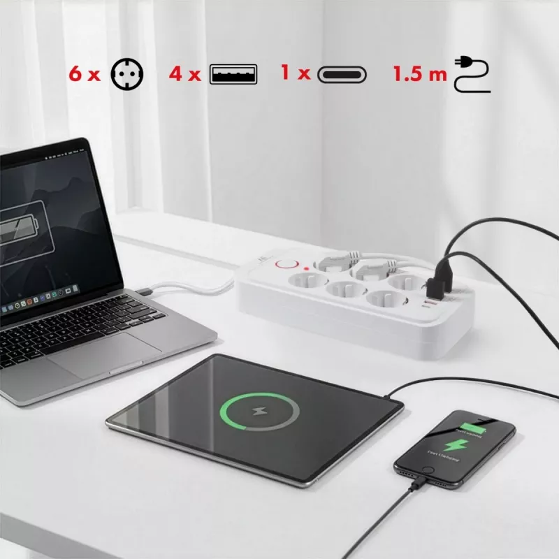 Regleta de enchufes MACLEAN MCE389 W — 6 enchufes, 4×USB-A, 1×USB-C, 2500W, 110–240V, cable de 1,5 m, blanca