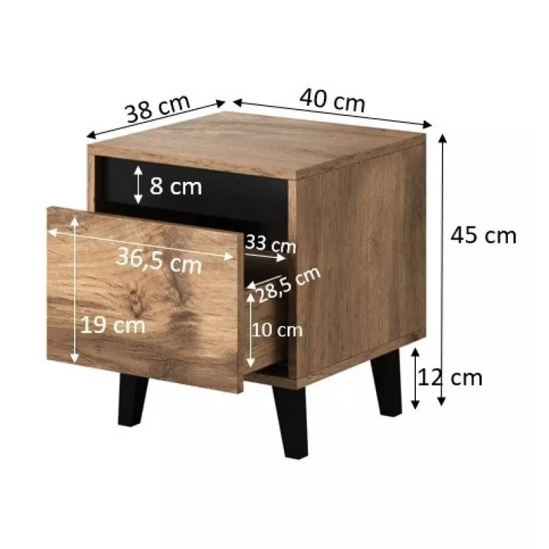 Cama Meble NORD mesita de noche, juego de 2 uds., 40×38×45 cm, roble Wotan/antracita