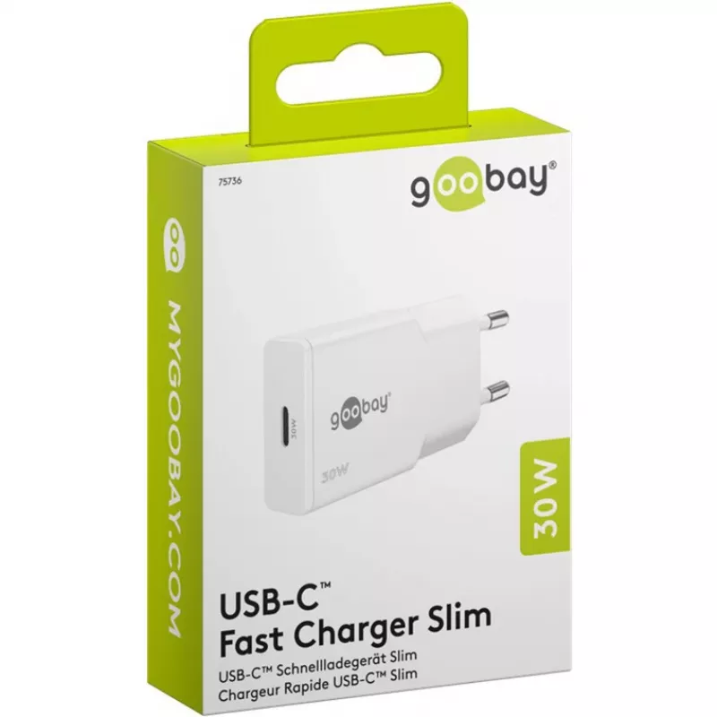 Cargador rápido fino USB-C PD GaN (30 W) (blanco)