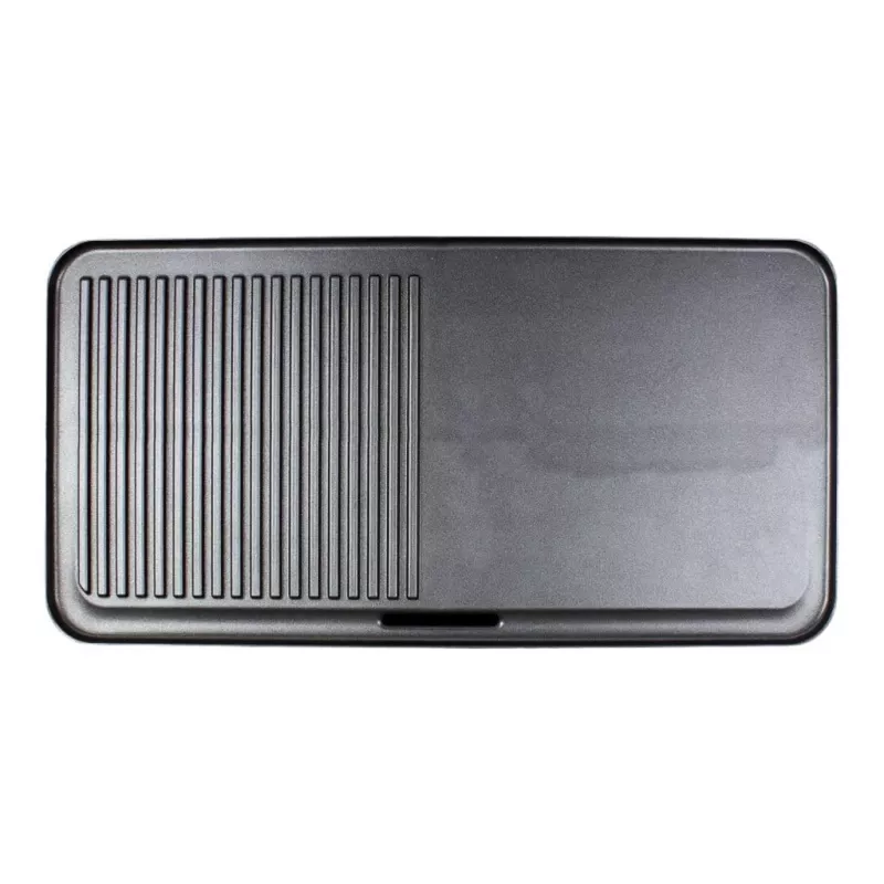 Parrilla eléctrica de mesa Rommelsbacher BBQ 2003 — 1900 W, 50×25 cm, estriada + teppanyaki, termostato continuo, plateado/negro