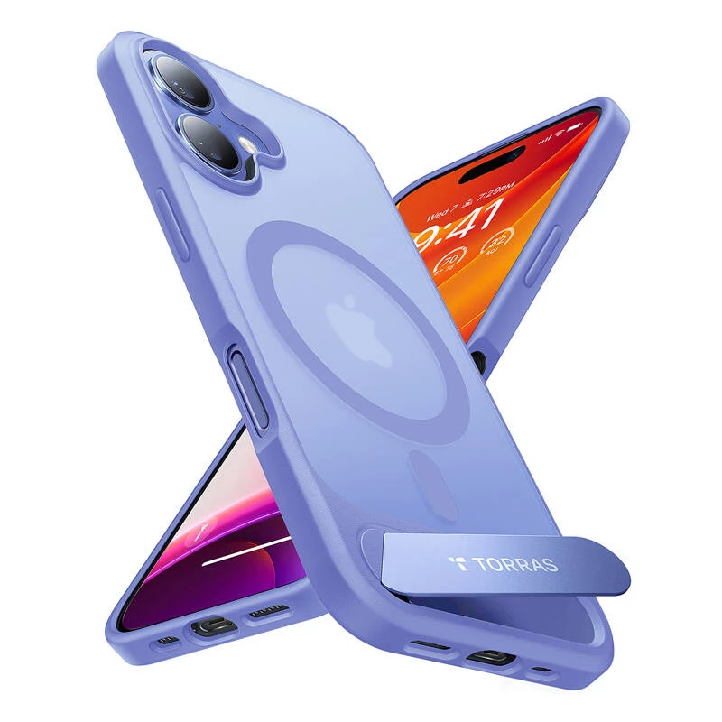 Funda protectora Torras Pstand Series para iPhone 16 — azul, perfil delgado con soporte integrado