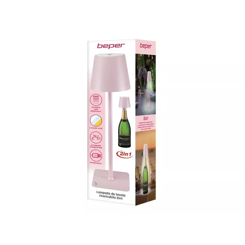 Beper P201UTP125 lámpara de mesa LED recargable, táctil, regulable, IPX4, rosa