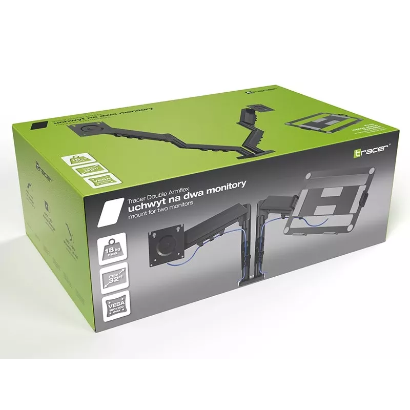 Soporte de monitor de doble brazo para escritorio TRACER TRAUCH47660 — brazos de metal ajustables, máx. 18 kg, VESA hasta 100×100, para pantallas de 13 inch–32 inch