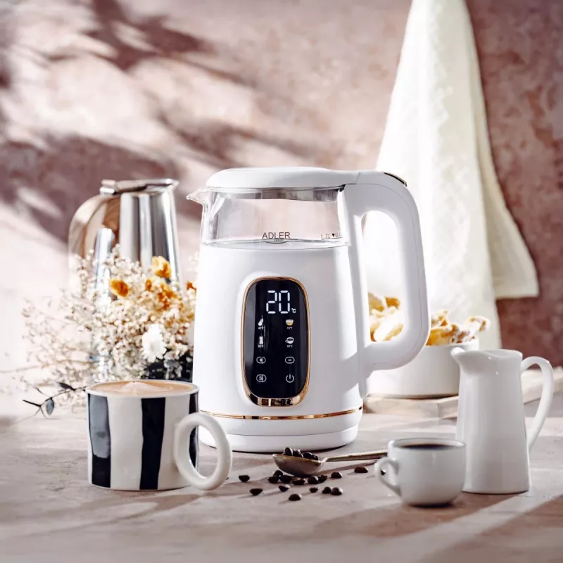 Hervidor de agua Adler AD 1305WG — 1,7 l, 2200 W, vidrio/plástico, blanco/dorado/transparente