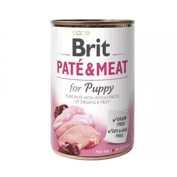 Alimento húmedo Brit Paté & Meat Puppy pollo 400 g — paté húmedo para cachorros, sin cereales, 75 % humedad, 11,5 % proteína
