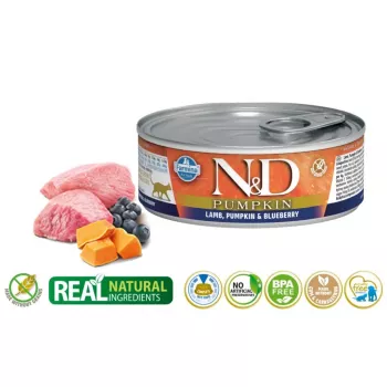 Comida húmeda para gatos Farmina N&D Pumpkin Cordero con arándano sobre 70 g — receta sin cereales para gatos adultos