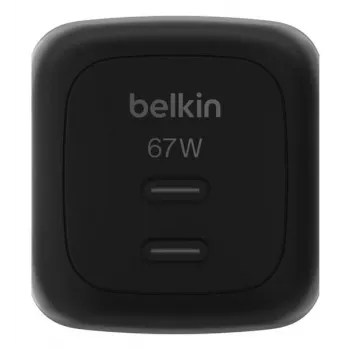 Cargador rápido AC de interior Belkin WCH020kqBK, 2× USB-C, compatibilidad universal, protección eléctrica, negro