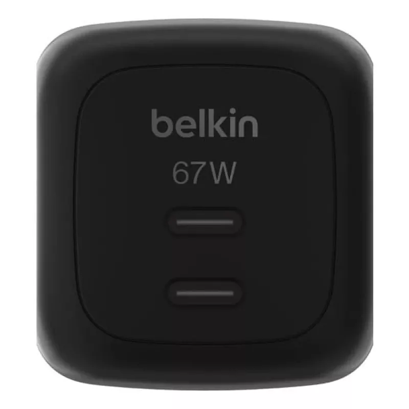 Cargador rápido AC de interior Belkin WCH020kqBK, 2× USB-C, compatibilidad universal, protección eléctrica, negro