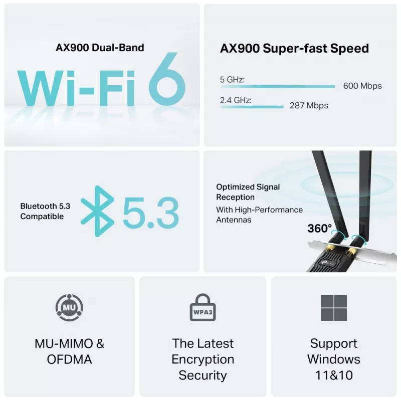 Adaptador PCIe Wi‑Fi 6 Bluetooth TP‑LINK Archer TX10E AX900 — tarjeta PCIe, AX900 Wi‑Fi 6, Bluetooth