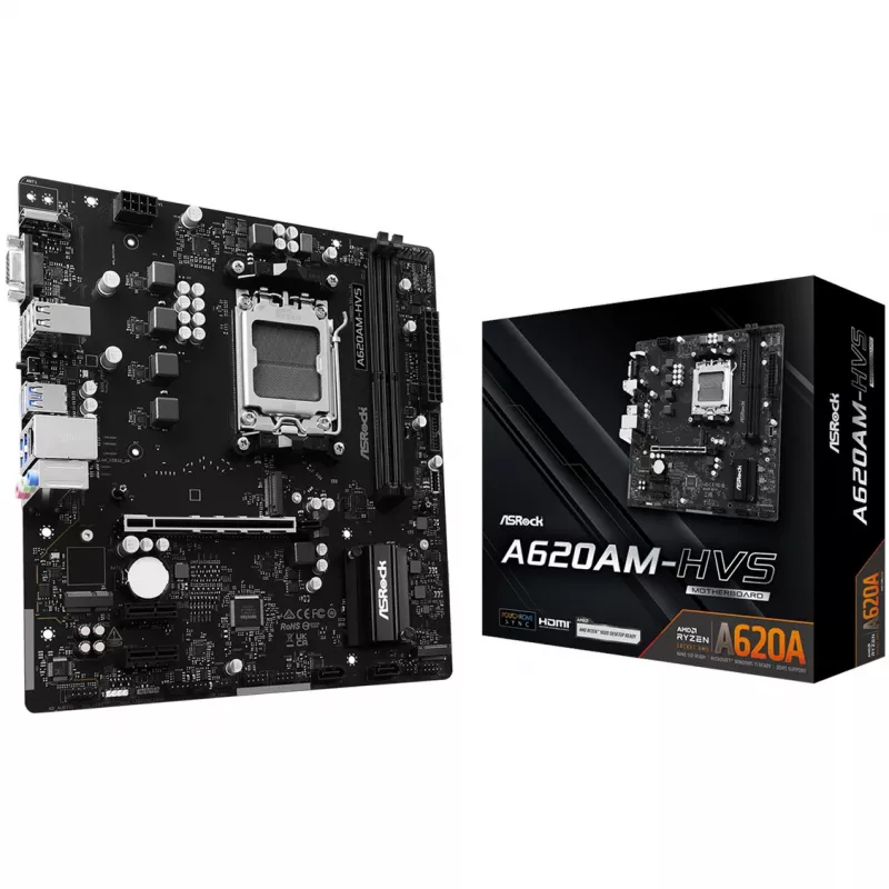 Placa base ASRock A620AM-HVS Micro ATX — chipset AMD A620A, socket AM5, DDR5, 2 DIMM, hasta 128 GB, HDMI 2.1, M.2 2280