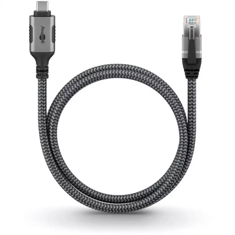 Cable Ethernet USB-C 3.2 Gen2 conector macho > conector macho RJ-45, adaptador LAN negro/plata, 2 metros, funda textil trenzada