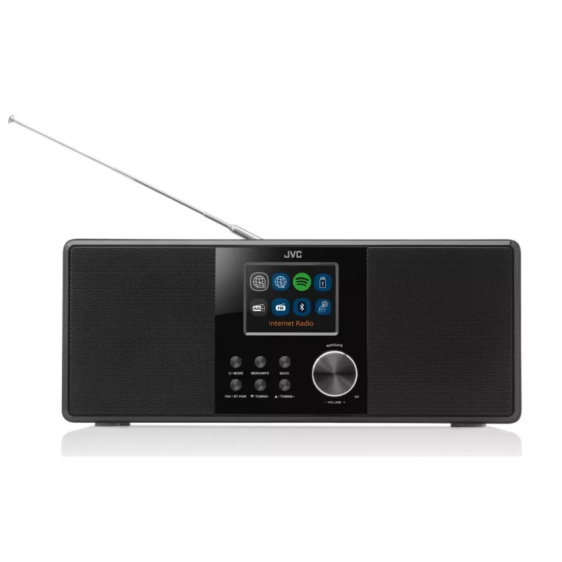 Radio por internet JVC RA-E981B — streaming Wi‑Fi y Bluetooth, DAB+, FM, 2x5W, 40 memorias de emisoras, USB, AUX, pantalla LCD