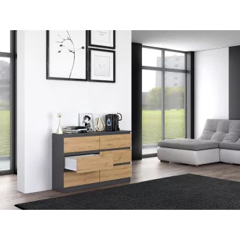 Cómoda top e shop M6 120 — antracita/roble, 6 cajones, 1200×300×770 mm, tablero de partículas