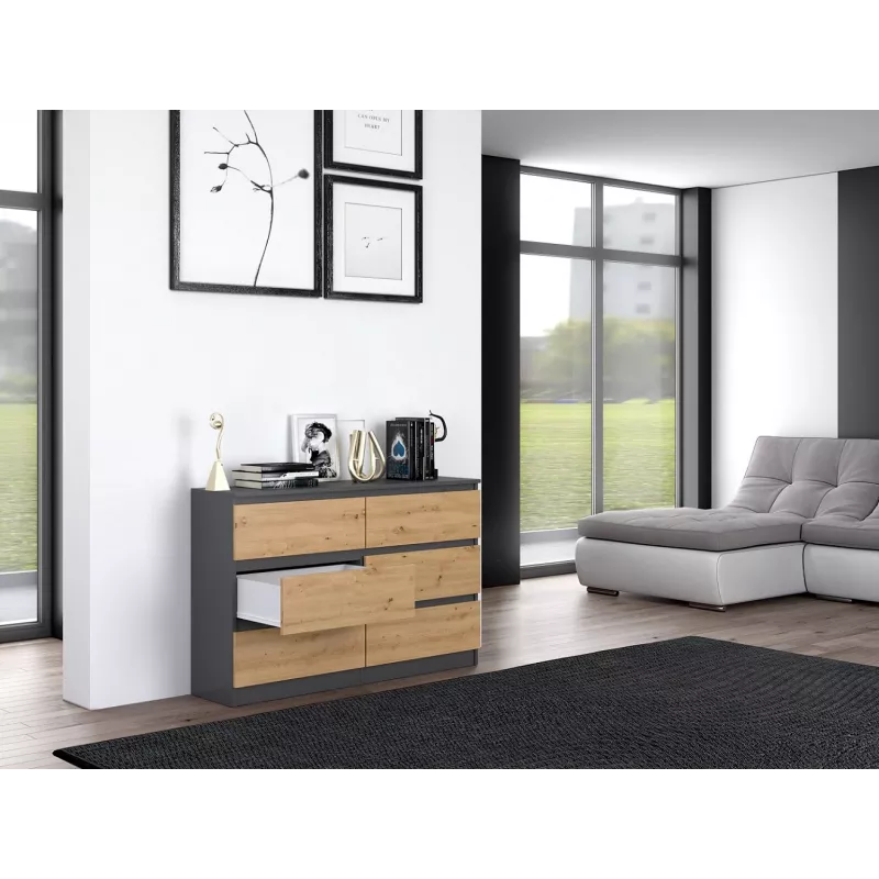 Cómoda top e shop M6 120 — antracita/roble, 6 cajones, 1200×300×770 mm, tablero de partículas