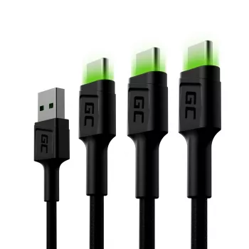 Cable USB-C Green Cell KABGCSET02 1,2 m (USB-A a USB-C, 2,4 A, 480 Mbit/s) pack de 3 con retroiluminación LED