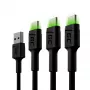Green Cell Ray KABGCSET02 set de cables USB-A a USB-C (3 uds.), 1,2 m, 480 Mbps, retroiluminación LED verde