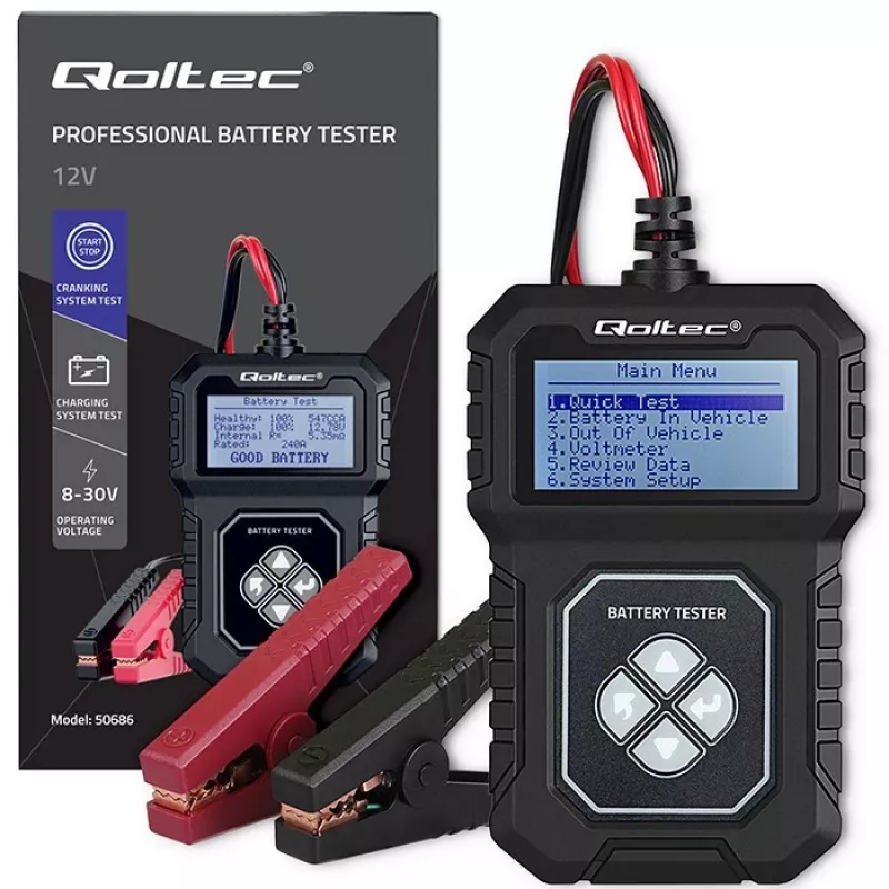 Probador de batería digital Qoltec con LCD | Menú en polaco | 12V | AGM | GEL | STD | 30-220AH