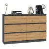 Cómoda top e shop M6 120 — antracita/roble, 6 cajones, 1200×300×770 mm, tablero de partículas