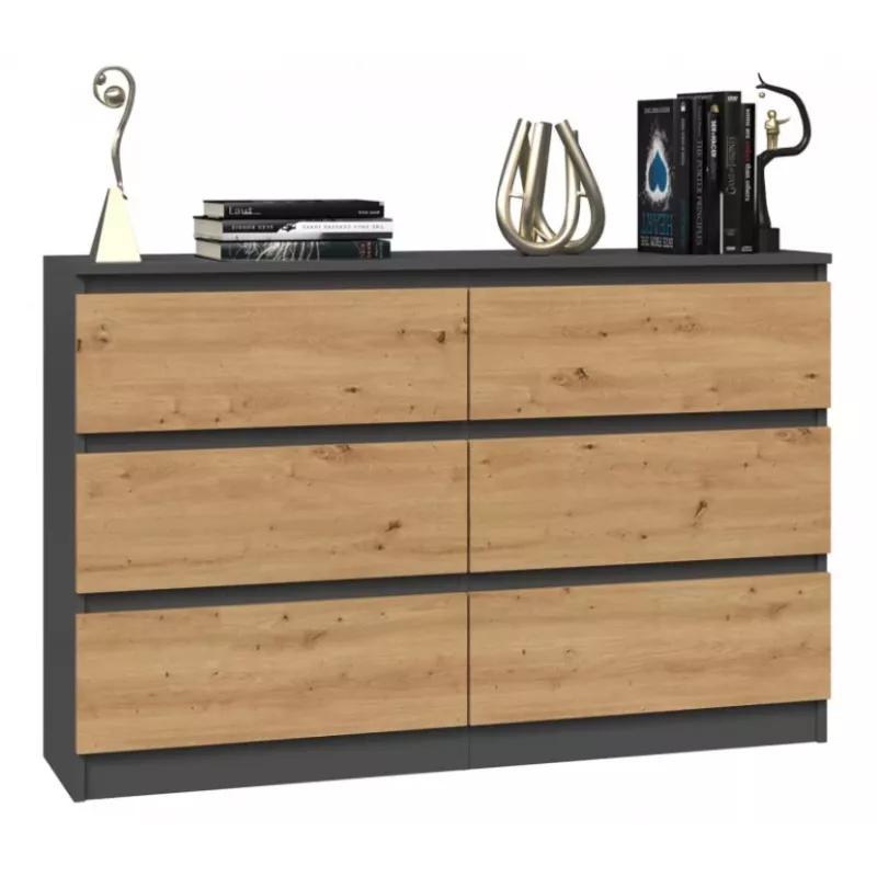 Cómoda top e shop M6 120 — antracita/roble, 6 cajones, 1200×300×770 mm, tablero de partículas