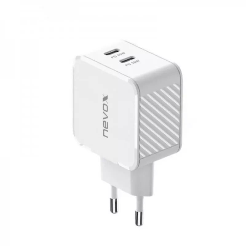 Cargador Nevox 45W Dual USB-C Power Delivery GaN, blanco, modelo 2569