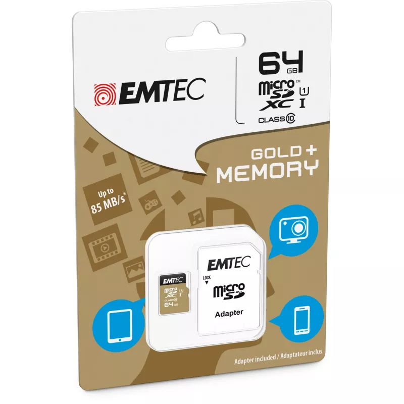 EMTEC Gold+ - tarjeta de memoria flash (adaptador SD incluido) - 64 GB - Class 10 - microSD - dorado (ECMSDM64GXC10GP)