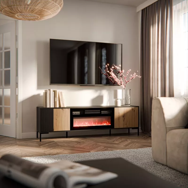 Mueble TV cama meble MERCI con chimenea, 180 x 40 x 53,5 cm, superficie negra, marco en roble artisan