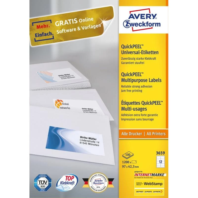 Avery 3659 Etiquetas autoadhesivas Rectangulares Permanente Blanco 1200 uds.