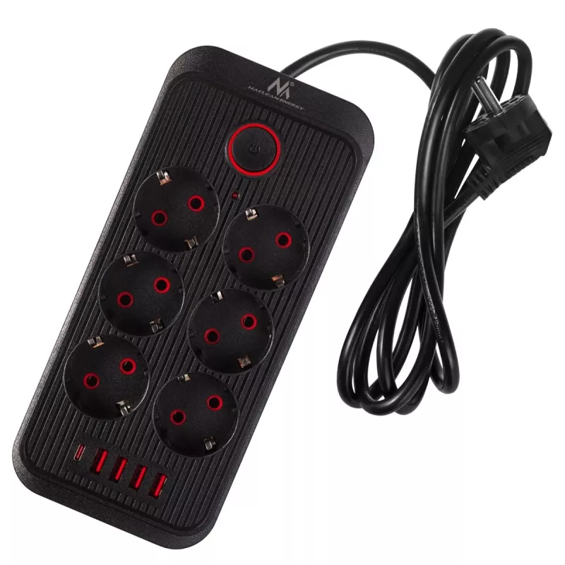 Regleta de enchufes MACLEAN MCE389 B — 6 enchufes, 4×USB-A + 1×USB-C, 110–240V, 2,1A, 2500W, cable de 1,5 m, negra