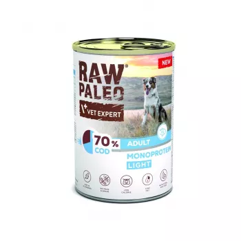 Comida húmeda para perros VETEXPERT Raw Paleo Cod Light Adult, lata 400 g, sabor pescado, 11,3% proteína, 1,7% grasa