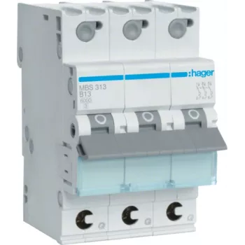 Hager MBS313. Corriente nominal: 13 A, frecuencia de red: 50/60 Hz, corriente de salida nominal: 13 A. Tipo: característica B, número de módulos (máx.): 3 módulos. Ancho: 52,5 mm, profundidad: 70 mm, altura