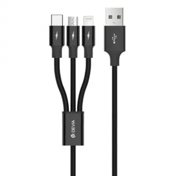 Cable de carga y datos USB 3 en 1 Devia Kintone Series — Lightning, Micro-USB, USB-C, 1,2 m, negro