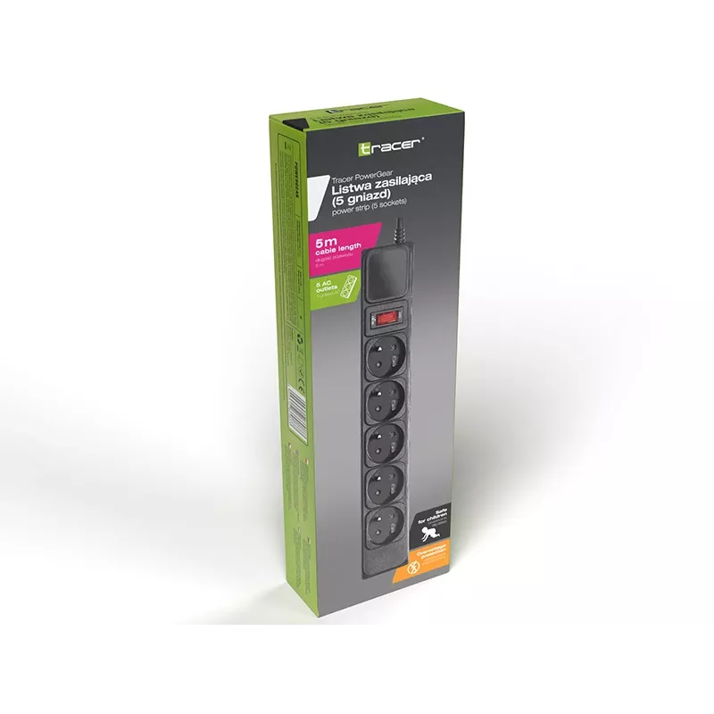 Regleta con protección contra sobretensiones TRACER PowerGear Tracer 47138 5 m negra con cable de 5 m
