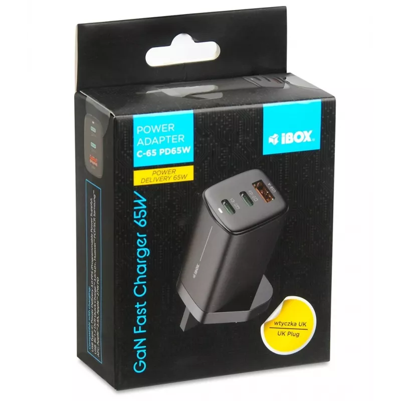 iBOX C-65 negro, cargador universal GaN 65 W con conector macho UK